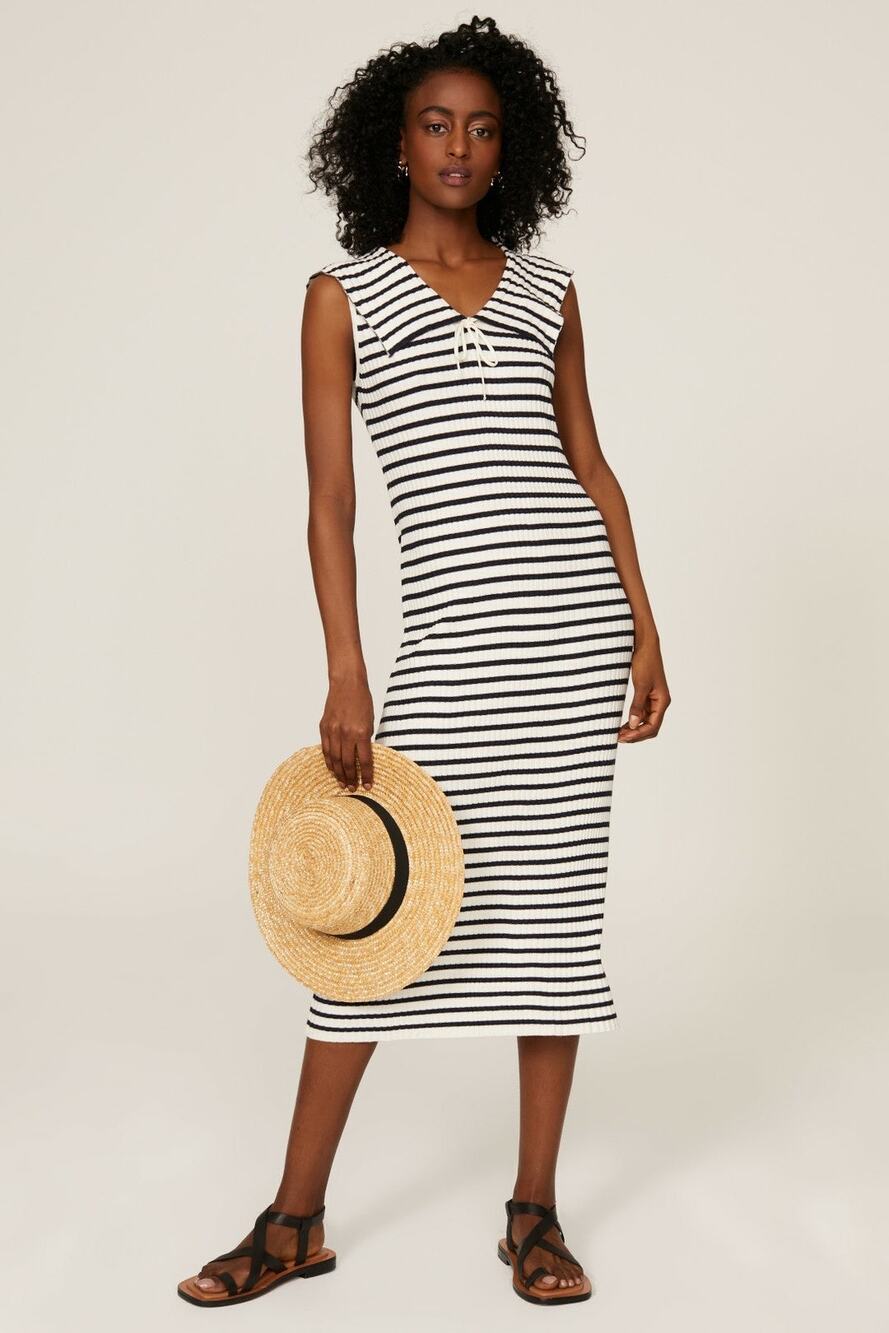 Rixo Antibes Navy White Striped Ribbed Knit Collared Sleeveless Midi Dress M